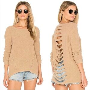 One Grey Day Blaine Shredded Back Sweater in Camel/Tan